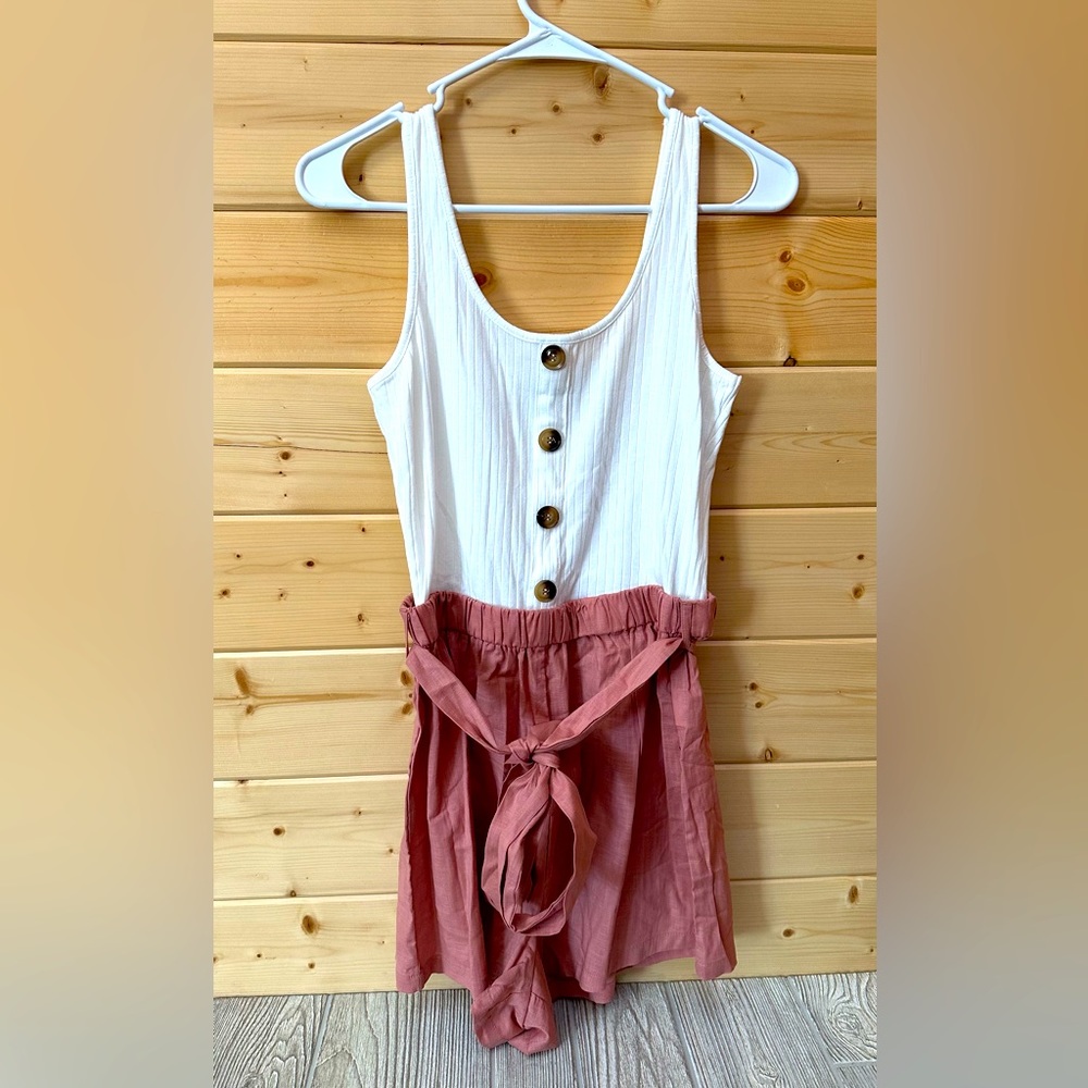 SHEIN VCAY Button Front Colorblock Belted Combo Tank Romper brand new